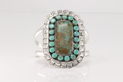 Native American Navajo Sterling Silver Kingman Turquoise Bracelet Cuff By Larry Etcitty.