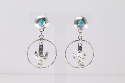 Native America Navajo Sterling Silver Turquoise Cactus Post / Dangling Earring's By Gabrielle
