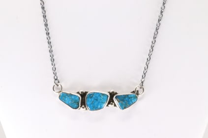 Native America Zuni Sterling Silver Kingman Turquoise Necklace By Jude Candelaria.
