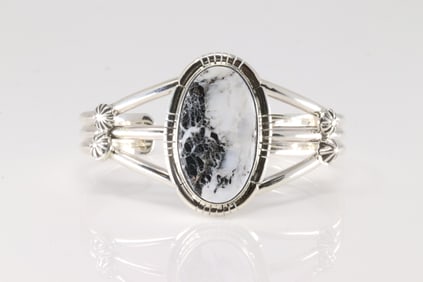 Native America Navajo Sterling Silver White Buffalo Bracelet Cuff By S.E.