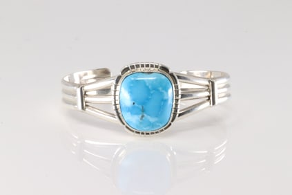 Native America Navajo Sterling Silver Kingman Turquoise Bracelet Cuff By S.E.