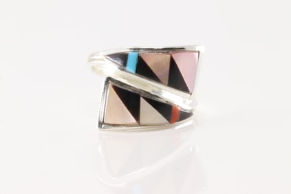 Native America Zunio Sterling Silver Multi-Color  Stone Inlay Ring By Tammie Qualo.
