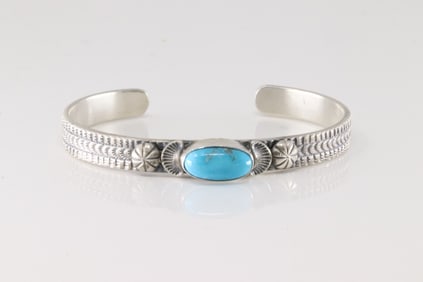 Native America Navajo Sterling Silver Turquoise Bracelet Cuff By M.Spencer.