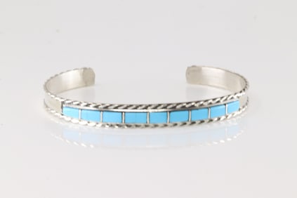 Native America Zuni Sterling Silver Turquoise Inlay Bracelet Cuff By J.P.C.