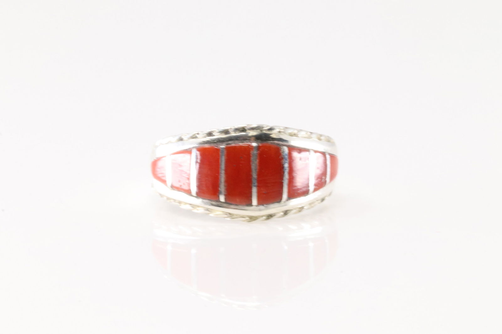 Native America Zuni Sterling Silver Coral Inlay Ring By M.P. (1 of 4)