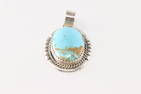 Native America Navajo Sterling Silver Kingman Turquoise Pendant By Freida Martinez.