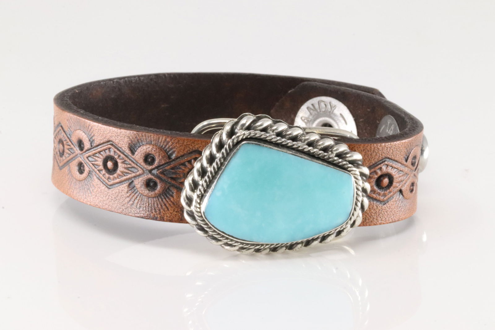 Native America Navajo Sterling Silver Turquoise Leather Bracelet Cuff By Mike Smith.: This is a Native America Navajo Sterling Silver Turquoise Leather Bracelet Cuff By Mike Smith. Bracelet length: 8.00"