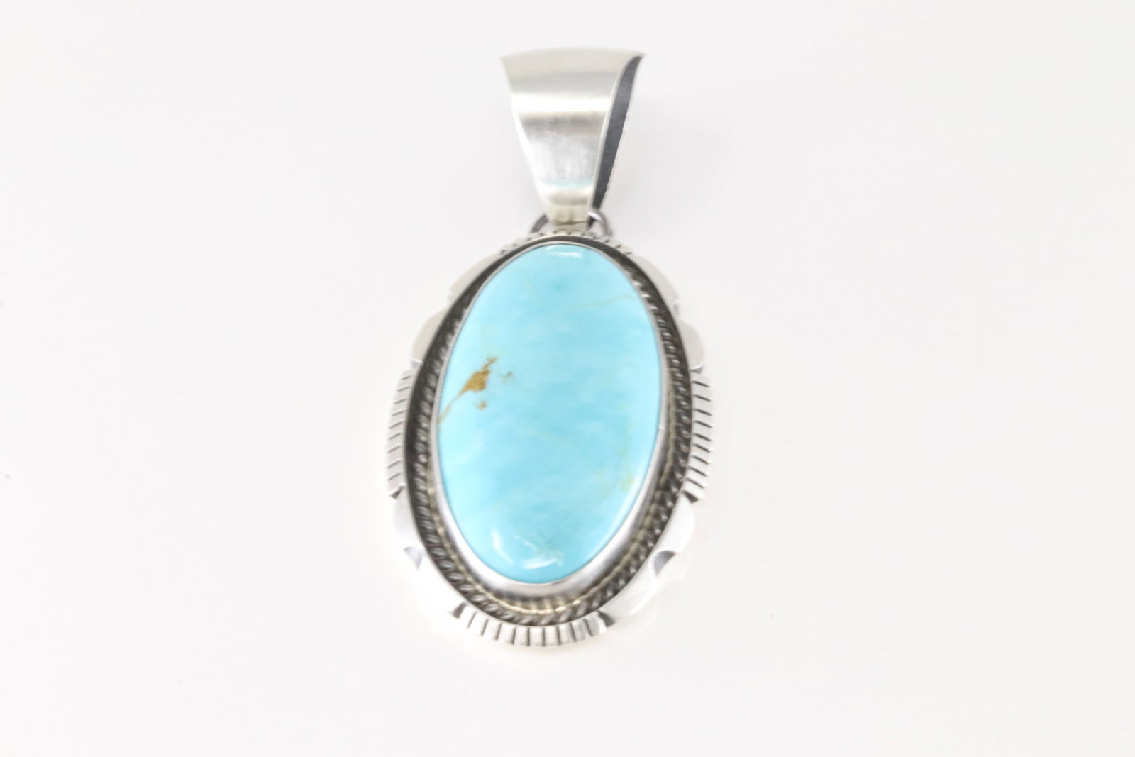 Native America Navajo Sterling Silver Kingman Turquoise Pendant By Alfred Martinez.: This is a Native America Navajo Sterling Silver Kingman Turquoise Pendant By Alfred Martinez.