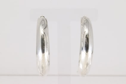 Native America Navajo Sterling Silver Stamped Hoop Earring's By Louise Bighand.