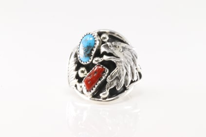 Native America Navajo Sterling Silver Coral & Turquoise Eagle Ring By Jeanette Saunders.