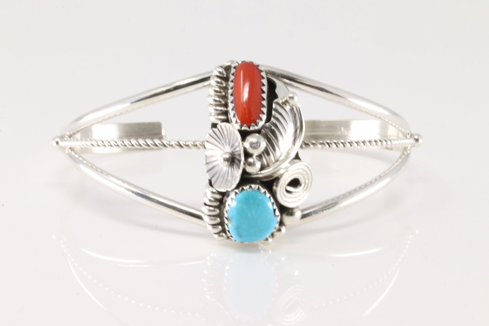 Native America Navajo Sterling Silver Coral & Turquoise Bracelet Cuff By Max Calladitto.: This is a Native America Navajo Sterling Silver Coral & Turquoise Bracelet Cuff By Max Calladitto.