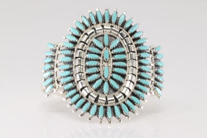 Native America Zuni Sterling Silver Turquoise Needlepoint Bracelet Cuff By N&R Nez.