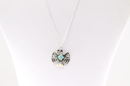 Native America Navajo Sterling Silver Turquoise Thunderbird Pendant with A 925 Necklace By Kim