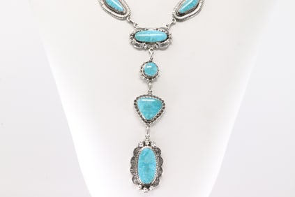 Native America Navajo Sterling Silver Turquoise Necklace By Leroy Silversmith.