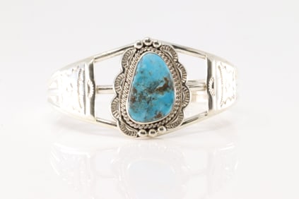 Native America Navajo Sterling Silver Kingman Turquoise Bracelet Cuff By Allanna Yellow.