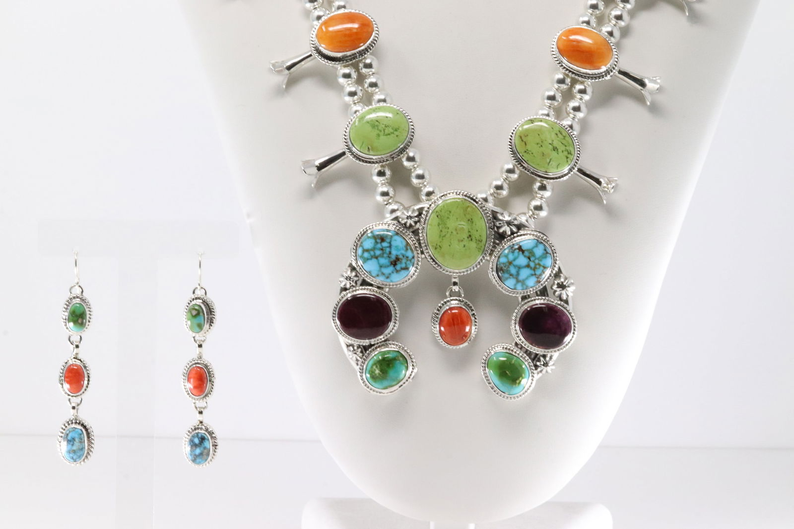 Native America Navajo Sterling Silver Multi-Color Stone Squash Blossom Necklace & Earring's Set By (1 of 8)