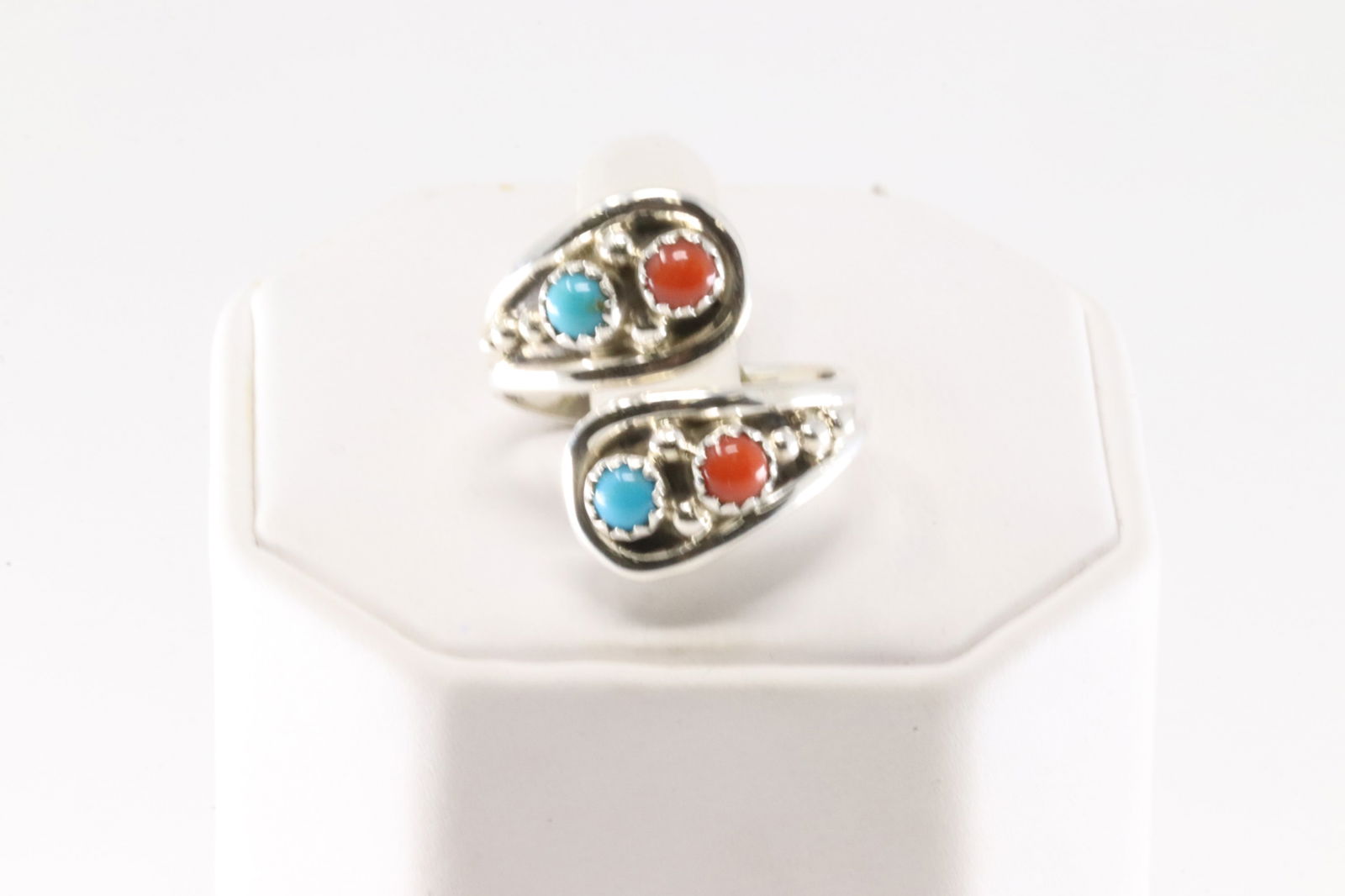 Native America Navajo Sterling Silver Coral & Turquoise Ring By Genevieve Francisco.