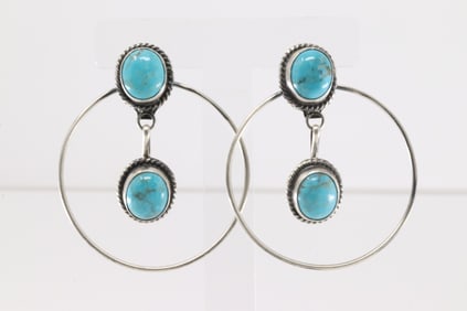Native America Navajo Sterling Silver Kingman TurquoisePost Hoop Earring's By Judith Dixon.