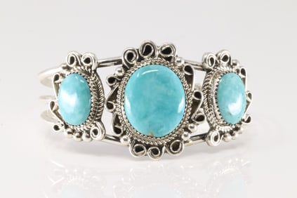 Native America Navajo Sterling Silver Turquoise Bracelet 3 Stone Cuff By Donovan Nez.
