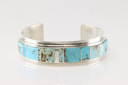 Native America Navajo Sterling Silver Kingman Turquoise Inlay Bracelet By H.Smith.