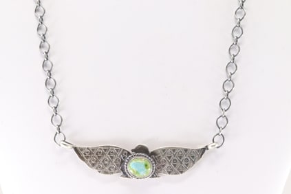 Native America Navajo Sterling Silver Sonora Gold Turquoise Bird Necklace By Mary Ann Spencer.