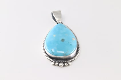 Native America Navajo Sterling Silver Kingman Turquoise Pendant By Judith Dixon.