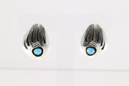 Native America Navajo Sterling Silver Bear Paw Turquoise Post Earring's By Ervin Begay.