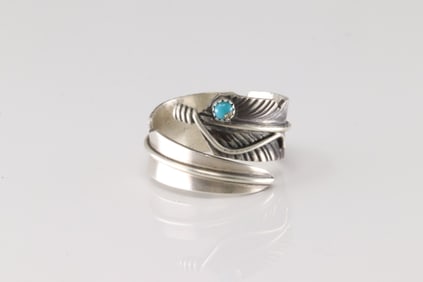 Native America Navajo Sterling Silver Turquoise Feather Ring By C.C.