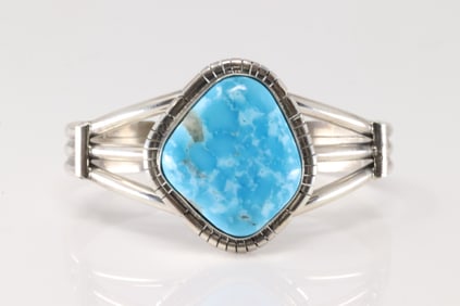Native America Navajo Sterling Silver Kingman Turquoise Bracelet Cuff By S.E.