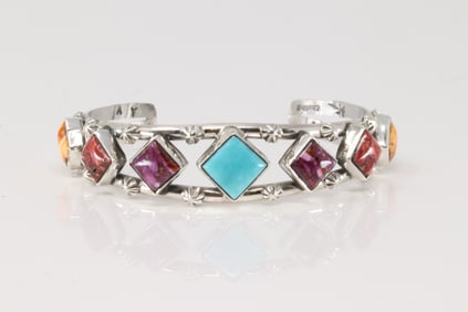 Native America Navajo Sterling Silver Spiny Osyter & Turquoise Bracelet Cuff By A.Y.