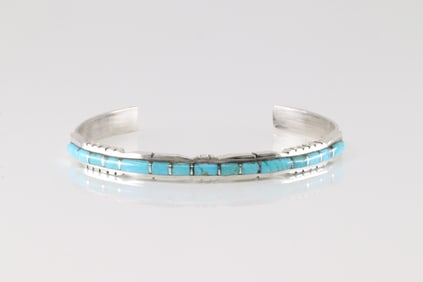 Native America Zuni Sterling Silver Turquoise Inlay Bracelet Cuff By Sheldon Lalio.
