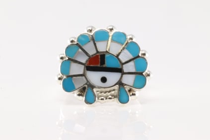 Native America Zuni Sterling Silver Multi-Color Inlay Ring.