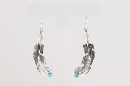 Native America Navajo Sterling Silver Turquoise Feather Dangling Earring's By Louise Joe.
