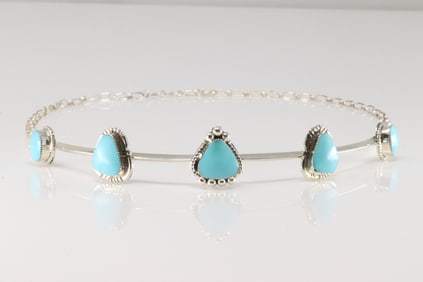 Native America Navajo Sterling Silver Turquoise Choker Necklace By David Lopez.