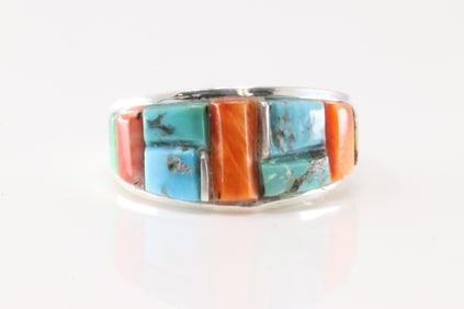 Native America Navajo Sterling Silver Multi-Color Srone Inlay Ring By Yazzie.
