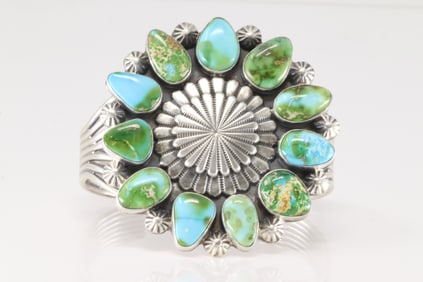Native America Navajo Sterling Silver Sonora Gold Turquoise Bracelet Cuff By Tom Lewis.