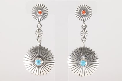 Native America Navajo Sterling Silver Coral & Turquoise Post / Dangling Earring's By Verley Betone.