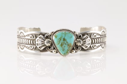Native America Navajo Sterling Silver Kingman Turquoise Bracelet Cuff By Darell Cadman.