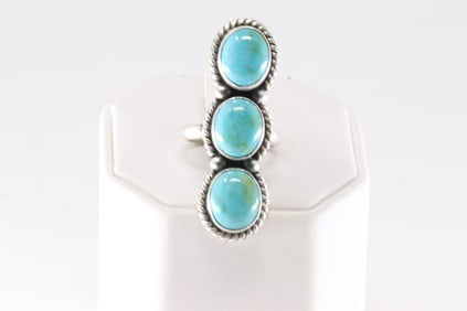 Native America Navajo Sterling Silver Kingman Turquoise Ring 3 Stone By A.M.