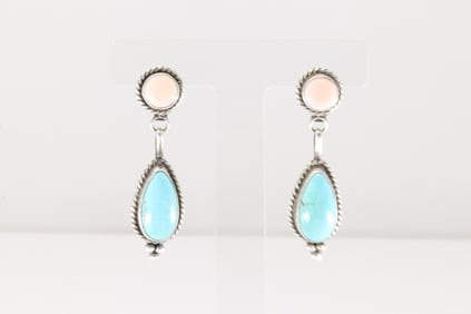 Native America Navajo Sterling Silver Pin Conch Shell & Kingman Turquoise Post / Dangling Earring's