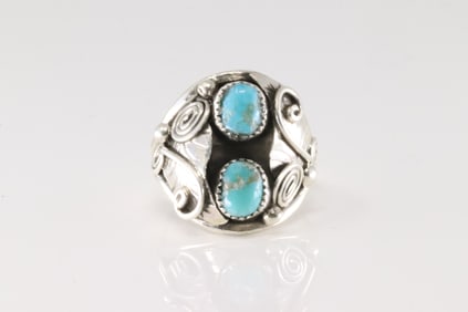 Native America Navajo Sterling Silver Turquoise Ring Floral By B.