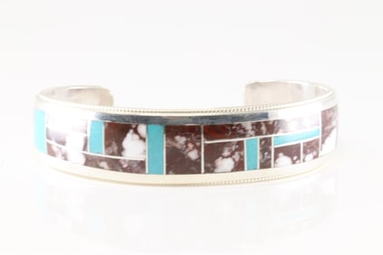 Native America Zuni Sterling Silver Multi-Color Stone Inlay Bracelet Cuff By R.G.B.