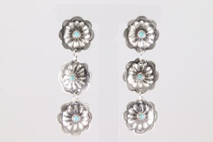 Native America Navajo Sterling Silver Turquoise Conch Post / Dangling Earring's By Joan Begay.