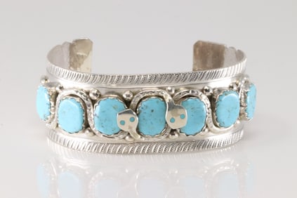 Native America Zuni Sterling Silver Kingman Turquoise Bracelet Cuff By Effie C.