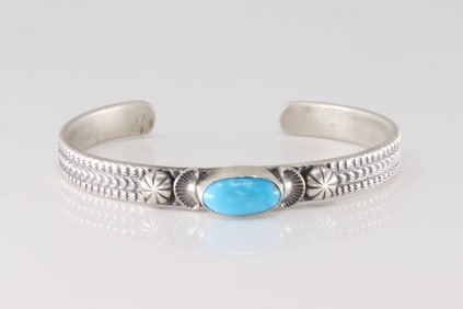 Native America Navajo Sterling Silver Turquoise Bracelet Cuff By M.Spencer.