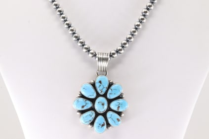 Native America Navajo Sterling Silver Kingman Turquoise Pendant / Necklace By S.H.