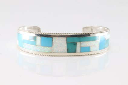Native America Zuni Sterling Silver Turquoise & Opal Bracelet Cuff By R.G.B.