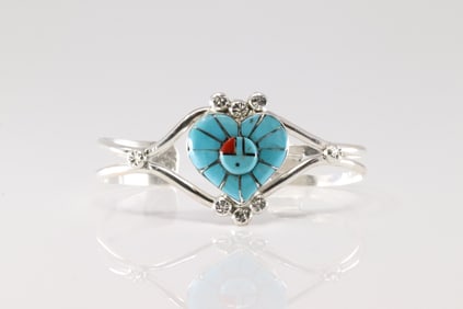 Native America Zuni  Sterling Silver Multi-Color Inlay Heart Bracelet Cuff By Ola Eriacho.