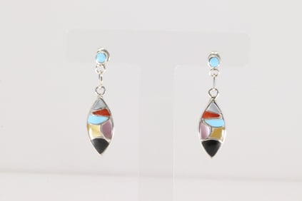 Native America Zuni Sterling Silver Multi-Color Stone Inlay Post / Dangling Earring's By Orena
