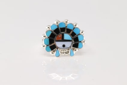 Native America Zuni Sterling Silver Multi-Color Stone Inlay Ring By E.R.
